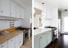 two pictures of a kitchen with white cabinets and wood counter tops