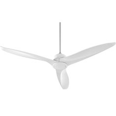 a white ceiling fan with two blades on it's sides and one light on the side