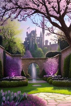 a painting of a garden with purple flowers and trees in the foreground is a castle