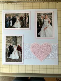 a wedding card with pictures of the bride and groom in their wedding gowns,