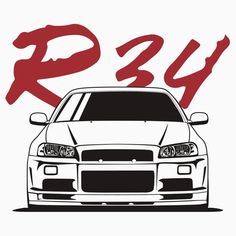 the front end of a white car with red lettering on it and an r34