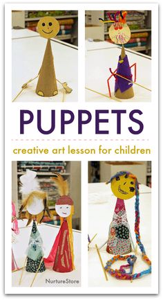 the cover of puppets is shown with pictures of children's handmade toys and crafts