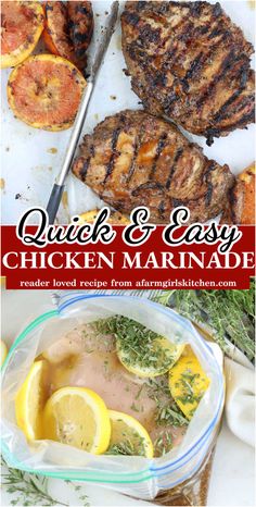 Chicken breasts with lemon slices and fresh chopped herbs in Ziploc bag, grilled chicken sandwich on white plate. Best Grilled Chicken Marinade, Best Grilled Chicken, Best Chicken Marinade, Easy Chicken Marinade, Grilled Chicken Marinade, Chicken Marinade Recipes, Sheet Pan Suppers, Pantry Ingredients, Chicken Marinade