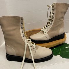 Great Condition However Missing Lace Loop But Still Can Be Laced Through Eyelet Maryam Nassir Zadeh Shoes, Leather Combat Boots, Maryam Nassir Zadeh, Moto Boots, Black Cream, Combat Boots, Vanilla, Size 10, Lace Up