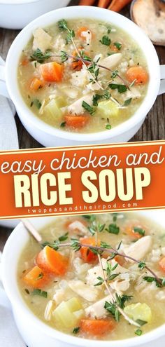 two bowls of chicken and rice soup with carrots, celery and parsley