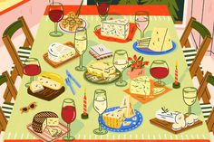 a painting of a table with food and drinks on it, including breads, cheeses, wine glasses and candles