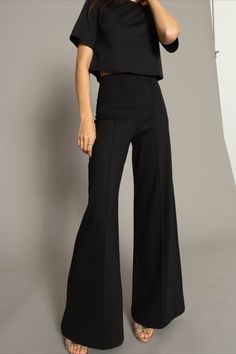 Elegant High Waist Wide Leg Elastane Pants, Chic Wide Leg Elastane Pants For Party, Elastane Wide Leg Pants For Night Out, Chic Full Length Pantsuit For Fall, Chic Full-length Pantsuit For Fall, Chic Fitted Wide Leg Pants With Wide Waistband, Solid Wide Leg Pants For Night Out, Solid High-waisted Wide Leg Pants For Night Out, Modern Wide-leg Evening Pants