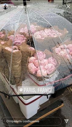 a bunch of doughnuts are under an umbrella on the street in paris, france