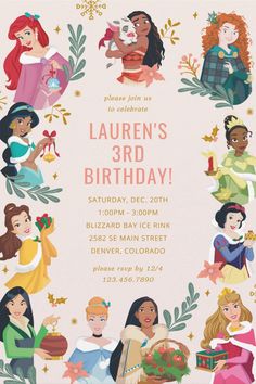 a birthday party with princesses and tiaras on the front, in pink background