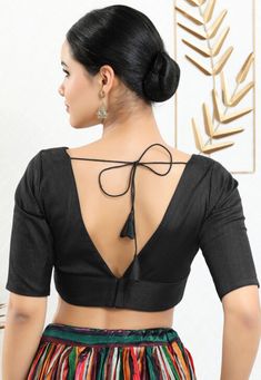 Traditional Black V-neck Blouse, Festive Black V-neck Top, Elegant Black Tops For Festivals, Black Bohemian Blouse For Festive Occasions, Black Blouse For Festive Transitional Season, Fitted Bohemian Padded Blouse, Black Padded V-neck Blouse, Festive Bohemian Black Blouse, Black Saree Blouse For Festivals