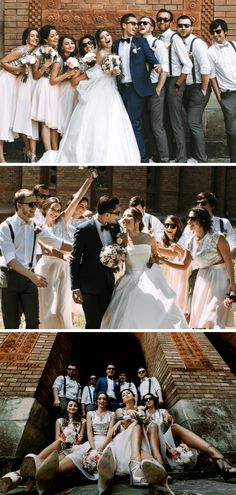 three different shots of people posing for pictures in front of a brick wall, and on the other side is an image of a bride and groom with his wedding party