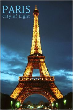 the eiffel tower lit up at night with lights on it's sides