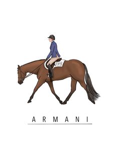 a man riding on the back of a brown horse next to an inscription that reads armani