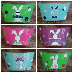 six different colored plastic baskets with bunny ears and polka dot designs on them, each containing the same monogrammed name