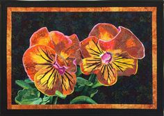 two orange flowers with green leaves on a black and yellow background, painted in acrylic paint