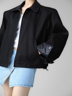 Chic vegan leather jacket blouse with zippered through front and contrast color and fabric collar. Longer length, not cropped with oversized sleeves. Model is in MINUSEY ONE SIZE. ✔️ Free worldwide express shipping over $100✔️ Loved by 6,500+ customers✔️ Limited edition collections, maximum styleStay ahead of the trend with can’t-find-anywhere-else staples. Your closet will thank you 💕 * MINUSEY ONE SIZE = EU 34, US 2* 100% Cotton* Dry clean* Made in Korea - Model Height: 169cm/5'6" (US2, EU34) Trendy Black Outerwear With Zip Cuffs, Trendy Outerwear With Zip Cuffs For Work, Black Spring Outerwear With Contrast Collar, Jacket Blouse, Oversized Sleeves, Vegan Leather Jacket, Fabric Collars, Denim Bag, Leather Dresses