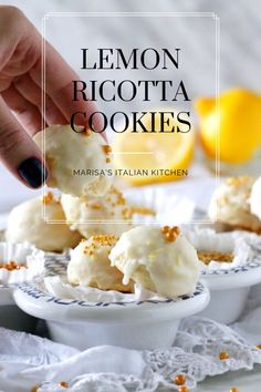 lemon ricotta cookies with marzi's italian kitchen in the background and text overlay that reads, lemon ricotta cookies