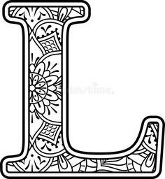 the letter l is decorated with flowers and leaves in black and white coloring book pages