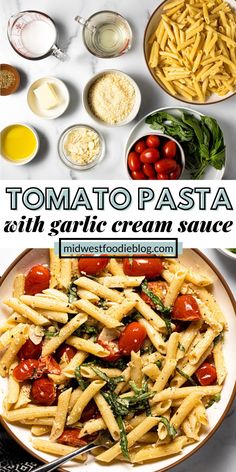 pasta with garlic, tomatoes and spinach in white sauce on a plate next to other ingredients