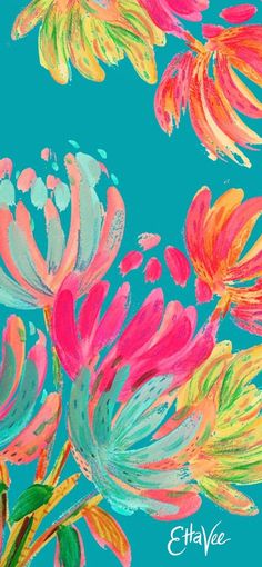 an abstract painting of flowers on a blue background