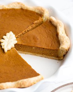 a slice of pumpkin pie on a white plate