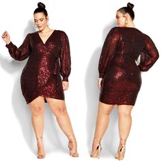 Size: Xl/22 Bust: 48-50 In. Waist: 45 In. Colorful And Eye-Catching, The Claret Nadia Dress Is Sure To Turn Some Heads! With Its All-Over Sequin Fabrication, Fitted Style, Plunging V-Neckline And Puffed Full Length Sleeves, You'll Feel As Amazing As You Look On The Dancefloor In This Chic Little Number. Key Features Include: - Plunging V-Neckline - Long Puff Sleeves - Invisible Back Zip Closure - All-Over Sequin Fabrication - Fitted Silhouette - Fully Lined - Mini Length Centre Back Measurement: Fall Sequin V-neck Dress For Date Night, Party-ready Long Sleeve Sequin Dress For Date Night, Holiday Sequin V-neck Dress For Date Night, Red Sequin Dress Short Plus Size, Sequin Dresses Torrid, City Chic Dresses, Plus Size Sequin, Chic Plus Size, Dress Xl