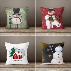 four pillows with snowmen and christmas decorations on them