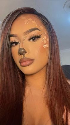 Deer Makeup Look, Cute Deer Makeup, Deer Makeup Halloween, Fawn Makeup, Bambi Makeup, Deer Makeup Tutorial, Makeup Halloween Costume, Reindeer Makeup, Pink Mustang