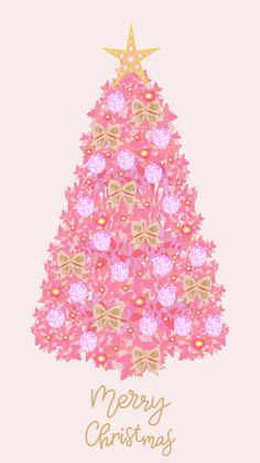 a pink christmas tree with gold stars and bows on it's top, in front of a white background