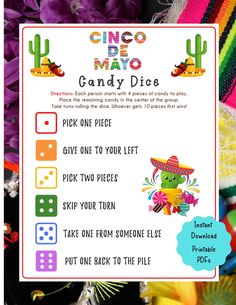 the cinco de mayo candy dice game is shown in front of colorful mexican decorations