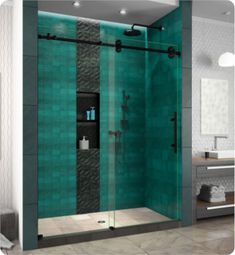 an image of a bathroom setting with green tiles on the walls and shower stall doors