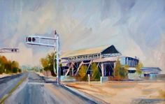 an oil painting of a train station on the side of a road with traffic lights