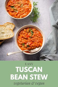 two bowls of bean stew with bread on the side