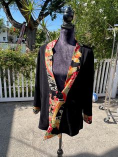 "Gorgeous Japanese inspired light sweater/jacket. The Piping looks like a pattern one would find on a kimono. The jacket is unstructured and drapey. One can button it with its one huge button or leave it open. The fabric is light and flows and has a tiny bit of stretch to it. The label says \"Soft Surroundings.\" It was one of my mom's favorite pieces. In perfect condition. No holes, rip, tears or fading.  Laid flat Shoulders: 18 inches length:  27 inches" Casual Patchwork Kimono For Fall, Fitted Long Sleeve Kimono For Fall, Fitted Outerwear With Kimono Sleeves For Fall, Fall Layering Cardigan With Kimono Sleeves, Moms Favorite, Vintage Kimono, Light Sweater, Lighting Inspiration, Soft Surroundings