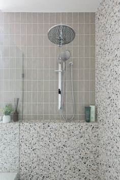 a shower head in the middle of a tiled bathroom with plants on the counter top