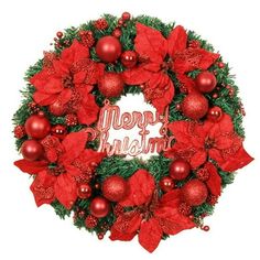 a christmas wreath with poins and decorations