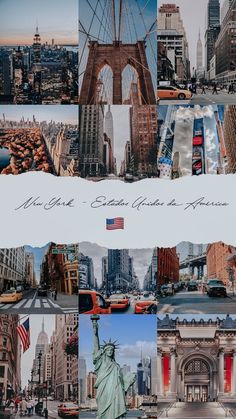 the collage shows images of different places in the united states, including the statue of liberty