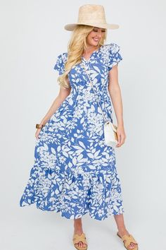 Cynthia Floral Maxi, Blue - New Arrivals - The Blue Door Boutique Blue Flutter Sleeve Maxi Dress For Vacation, Blue Flutter Sleeve Maxi Dress For Beach, Casual Maxi Dress With Floral Print And Flutter Sleeves, Floral Print Maxi Dress With Ruffle Sleeves For Vacation, Blue V-neck Maxi Dress With Elastic Waistband, Blue Maxi Dress With Elastic Waistband For Vacation, Casual Blue Maxi Dress With Elastic Waistband, Off Shoulder Jacket, Athleisure Accessories