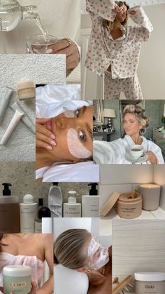 the collage shows many different products and things in this photo, including skin care items