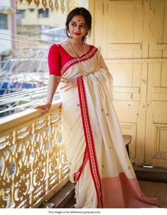 Shop Bollywood Model White and Red Bengali saree online at kollybollyethnics from India with free worldwide shipping. Red And White Saree, Red And White Outfits, Bengali Saree, Haldi Outfits, Khadi Cotton Saree, Simple Sarees, White Saree, Saree Photoshoot, Party Kleidung