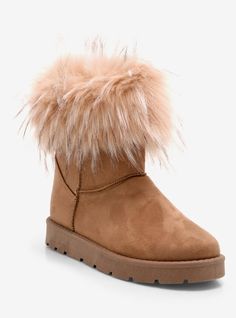 These boots will have you ready for winter. They have tan and brown faux fur accents at the ankles and a faux suede upper.Listed in women's sizes.Polyester upper; rubber soleImported Brown Winter Boots With Faux Fur Trim, Brown Winter Boots With Plush Lining, Brown Winter Boots With Faux Fur Lining, Brown Boots With Faux Fur Trim, Brown Boots With Faux Fur Trim For Cold Weather, Winter Suede Boots With Faux Fur Trim, Trendy Winter Boots With Faux Fur Lining, Casual Boots With Faux Fur Trim For Cold Weather, Winter Ankle Boots With Faux Fur Trim