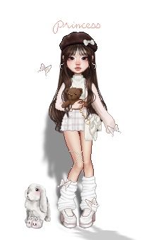 a girl is holding a teddy bear and standing next to a small white dog in front of her