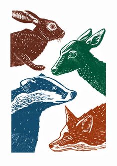 four different colored animal heads on a white paper with blue, red and green ink