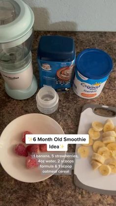 the ingredients to make an ice cream smoothie are displayed on a granite counter top