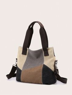 Grey  Collar  Polyester Colorblock Square Bag Embellished   Women Bags Cheap Patchwork Tote Bag, Cavas Bag, Womens Sling Bag, Vintage Tote Bag, Casual Crossbody Bag, Patchwork Bags, Canvas Handbags, Casual Tote, Canvas Shoulder Bag