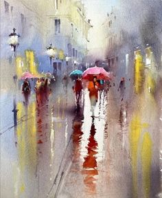 people walking in the rain with umbrellas on a city street, watercolor painting