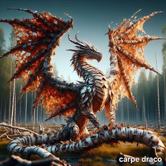 a dragon statue sitting in the middle of a forest