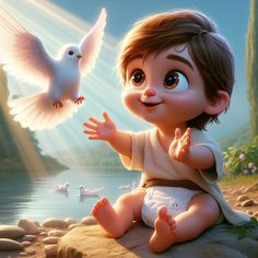 a baby sitting on top of a rock next to a white bird flying over it