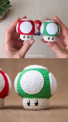 crocheted nintendo mushroom amigurt is shown in three different colors