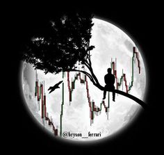 a man sitting on top of a tree branch in front of a full moon